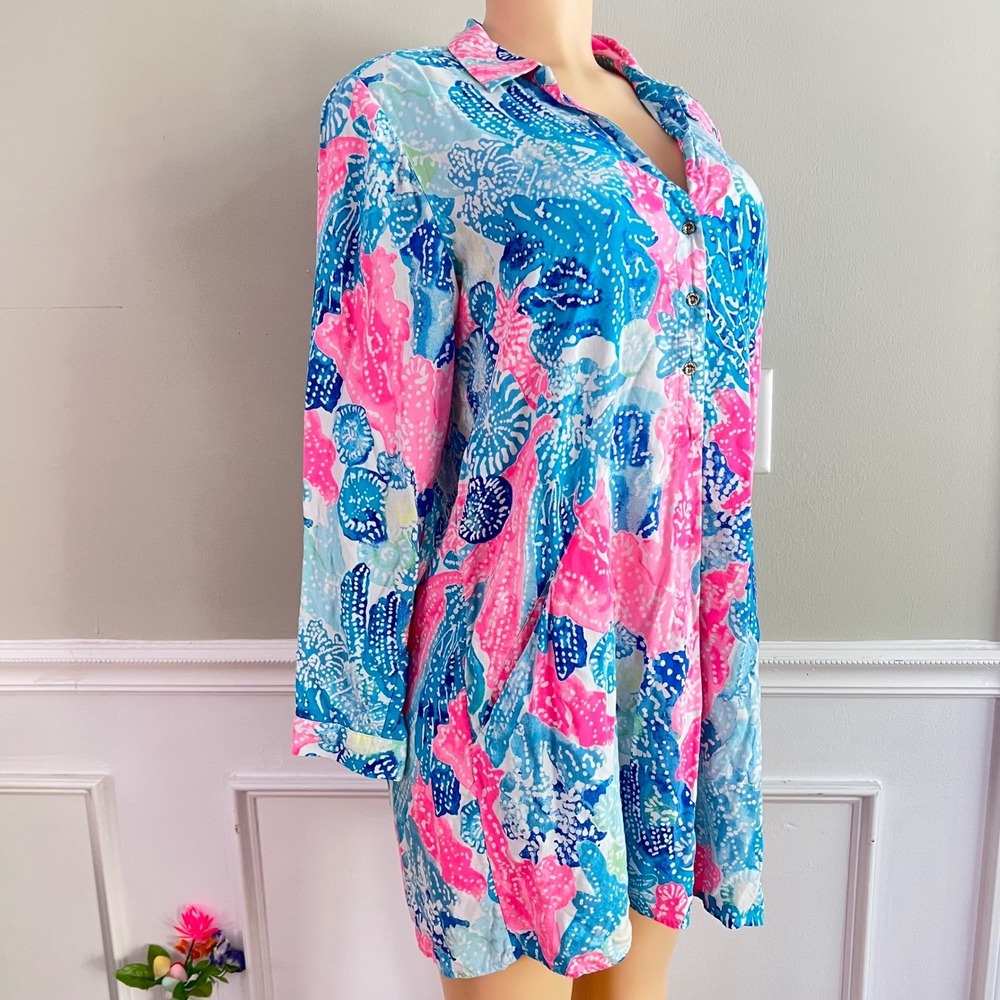 Lilly Pulitzer Dress Medium Blue Pink Coral Button Down Tunic Coastal Old Money - Picture 3 of 14